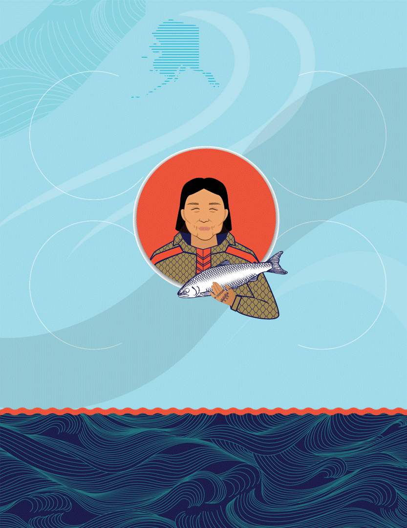Animated graphic illustration shows an Indigenous woman smiling and holding a salmon as many different cultural and scientific components of salmon appear around her.